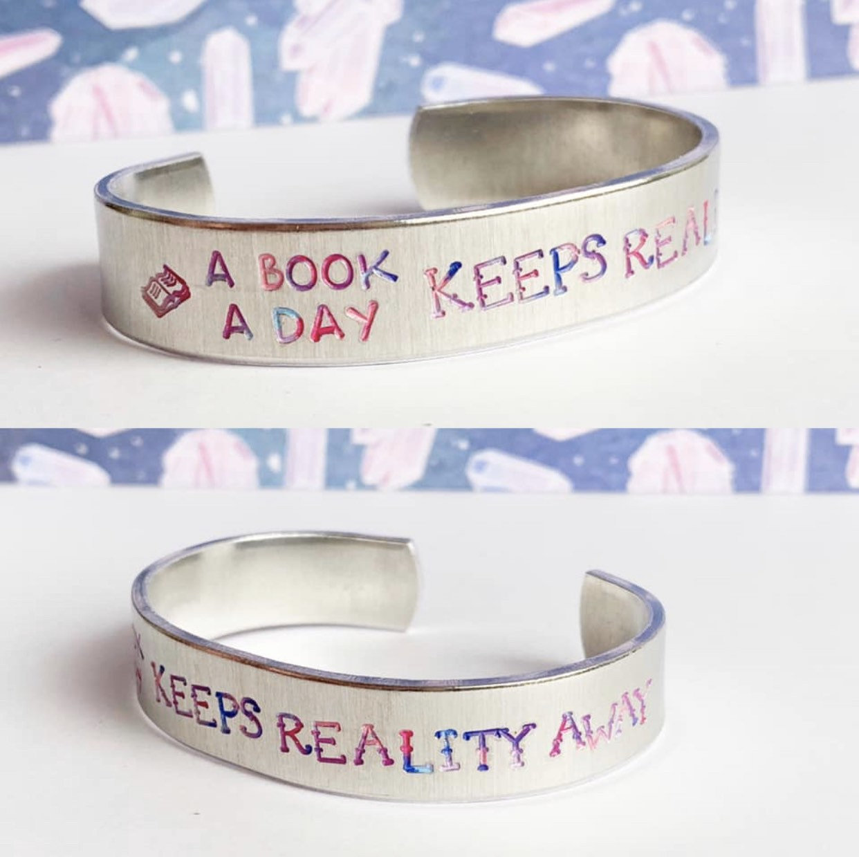 A Book A Day Bookish Reading Quote Aluminum Cuff Bracelet 1/2 Inch // Metal Stamped Geekery