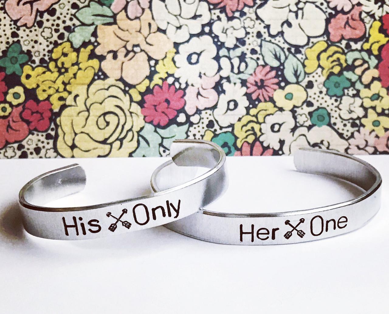 Custom Quote Multi Font 3/8 Inch Personalized Aluminum Cuff Bracelet Set // His One Her Only With Arrows