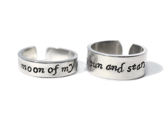 Moon Of My Life And My Sun And Stars Adjustable Metal Stamped Ring Pair Ready To Ship .