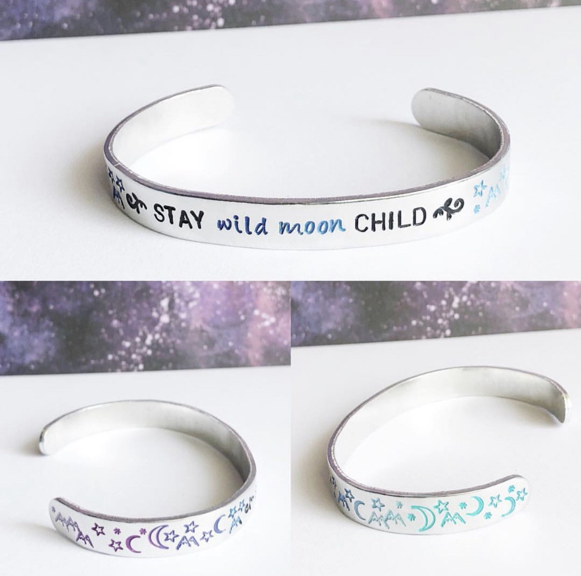 Stay Wild, Moon Child Hand Stamped Hand Painted Hypoallergenic Aluminum Cuff Bracelet