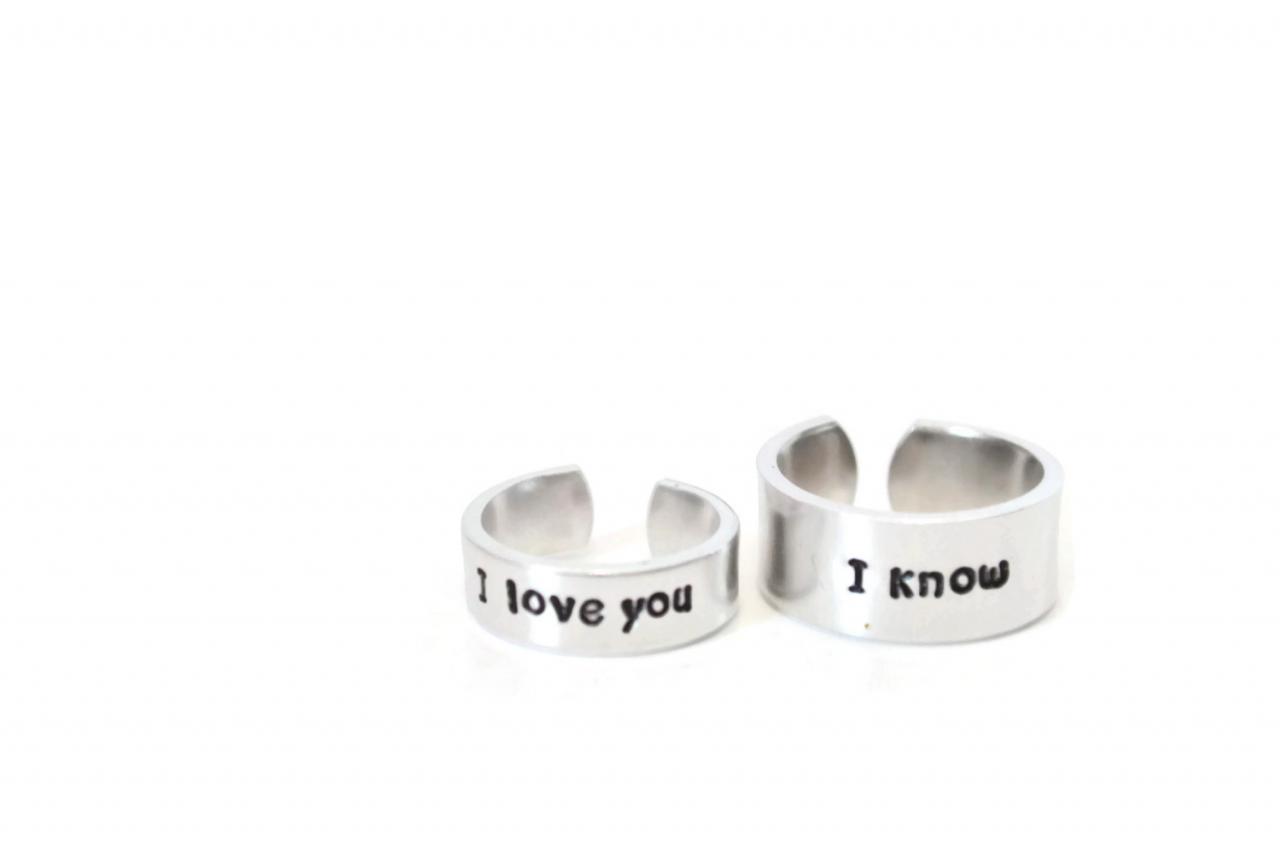 I Love You And I Know Space Fandom Adjustable Aluminum Ring Pair // Metal Stamped Hand Stamping Geekery Gift For Geek Couple Nerd Sci Fi