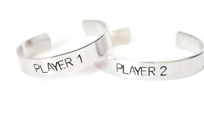 Player 1 And Player 2 Pair Of Aluminum Metal Stamped Cuff Bracelets