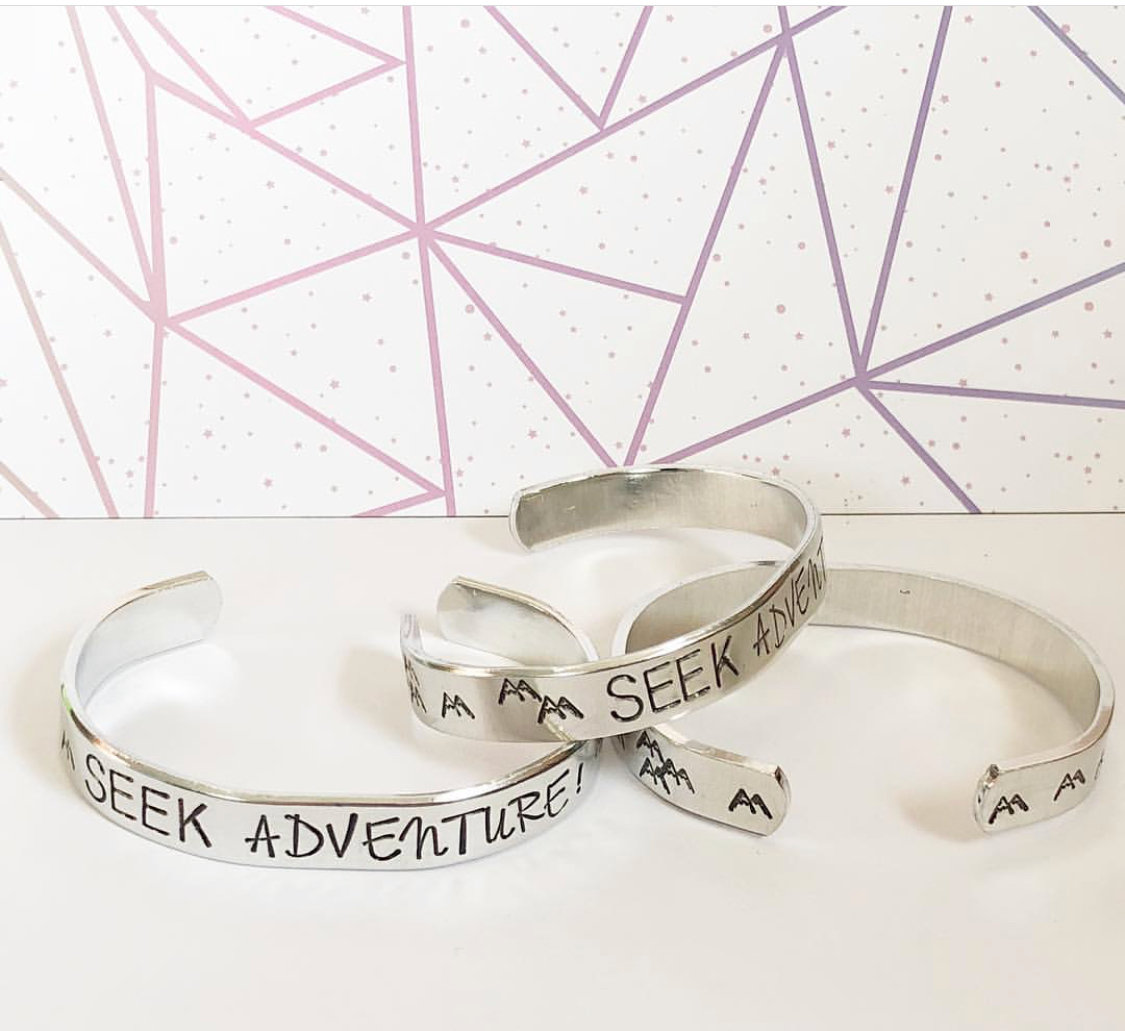 Seek Adventure Black or Colorful Text metal stamped hand stamped aluminum cuff bracelet