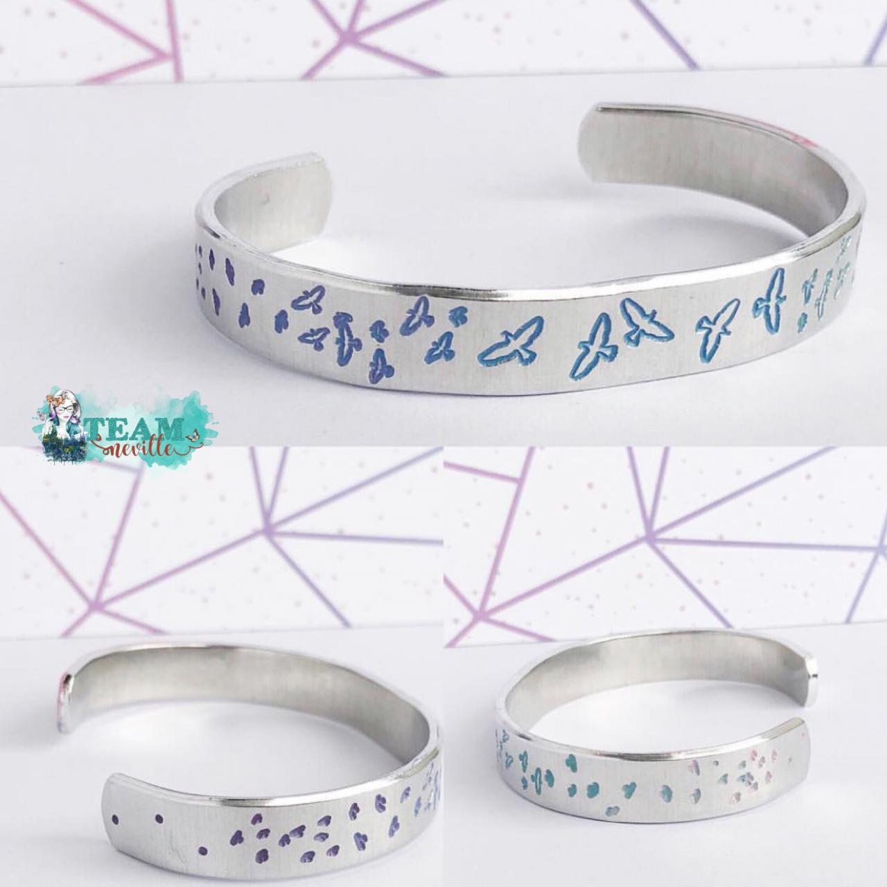 Bird Design Hand Stamped Hand Painted Aluminum Cuff Bracelet