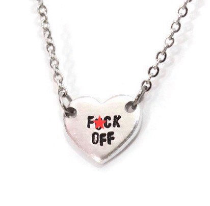 F*ck Off Tiny Or Small Heart Necklace On Stainless Steel Chain Hypoallergenic