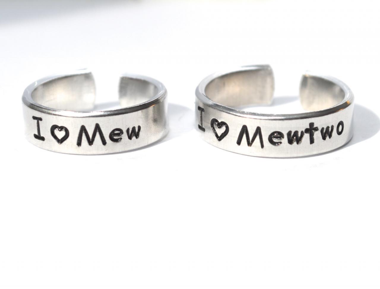 I Heart Mew And Mew Two Adjustable Aluminum Metal Stamped Ring Pair Ready To Ship .