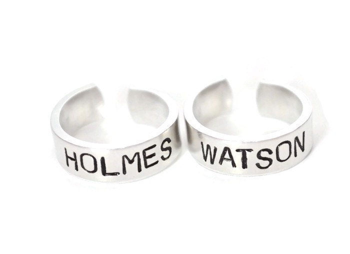 Sherlock Holmes Inspired Custom Aluminum Adjustable Metal Stamped Ring Pair .