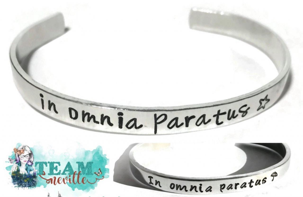 In Omnia Paratus Custom Text Aluminum Metal Stamped Cuff Bracelet