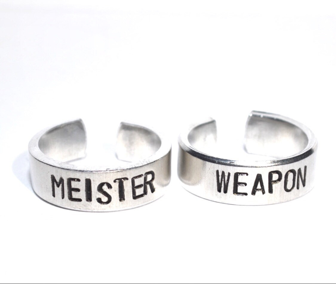 Weapon And Meister Aluminum Adjustable Metal Stamped Ring Pair Soul Eater Inspired