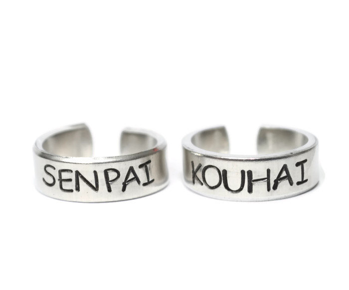 Senpai And Kouhai Ajustable Aluminum Metal Stamped Ring Pair // Hypoallergenic Rust Proof And Tarnish Proof