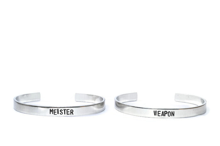 Soul Eater Inspired Weapon And Meister Cuff Bracelet Pair // Metal Stamped Hand Stamped Geekery Gift For Geek Bf Couple