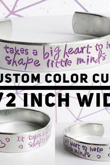 Color Text Custom Quote Aluminum Metal Stamped Cuff Bracelet 1/2 inch // hypoallergenic rust proof and tarnish proof