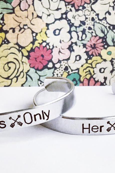 Custom Quote Multi Font 3/8 Inch Personalized Aluminum Cuff Bracelet Set // His One Her Only With Arrows