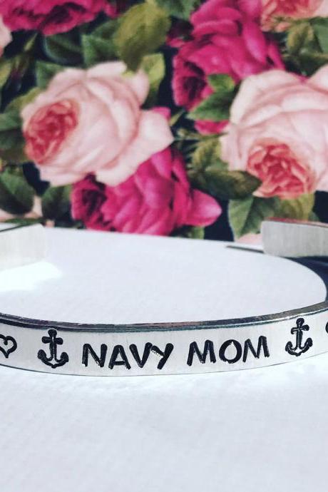 Custom Quote Aluminum Metal Stamped Cuff Bracelet 1/4 inch //personalized gift for navy parent mom dad girlfriend boyfriend husband wife