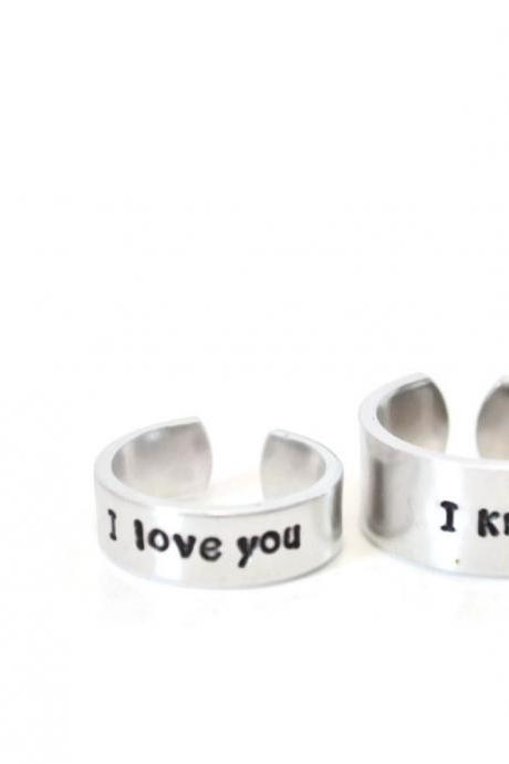 I love you and I know space fandom adjustable aluminum ring pair // metal stamped hand stamping geekery gift for geek couple nerd sci fi