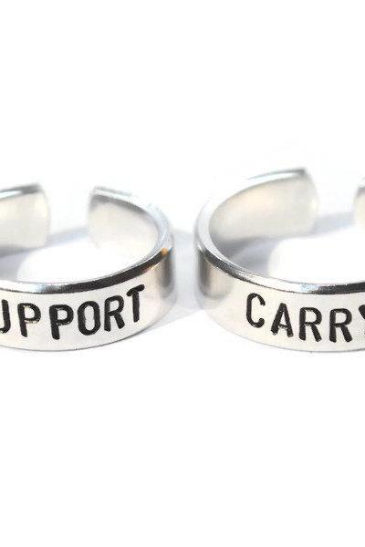 League of Legends inspired SUPPORT and CARRY adjustable aluminum metal stamped ring pair ready to ship .