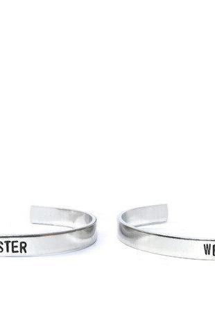 Soul Eater inspired Weapon and Meister cuff bracelet PAIR // metal stamped hand stamped geekery gift for geek bf couple