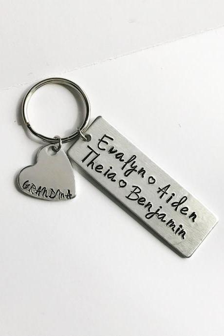 Personalized Grandma Aluminum Metalstamped Handstamped Keychain // Mother&amp;#039;s Day Mom Dad Grandpa Gift Custom Family