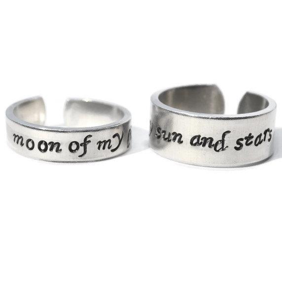 Moon of my life and my sun and stars adjustable metal stamped ring pair ready to ship .